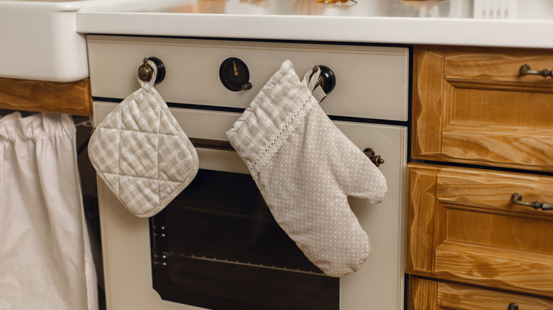 A pot holder and an oven mitt hanging from an oven