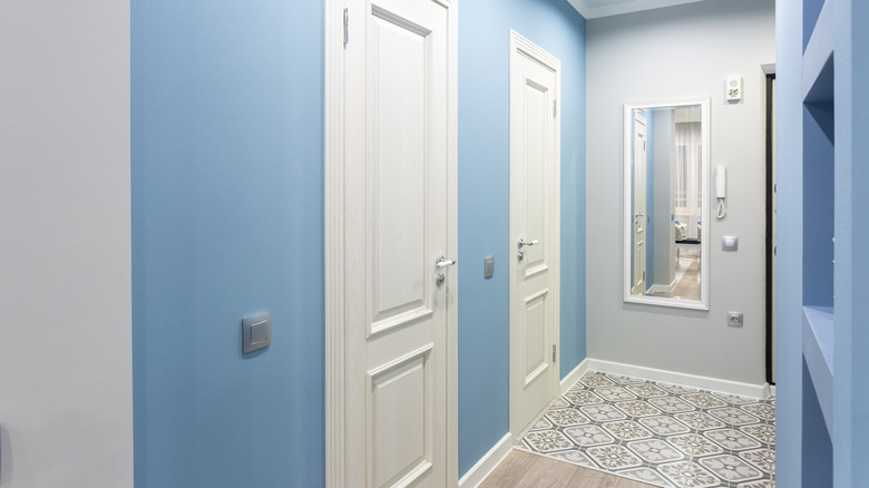 blue foyer with a mirror