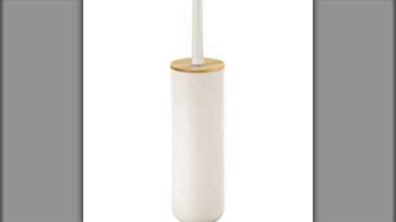 White toilet brush bamboo lid