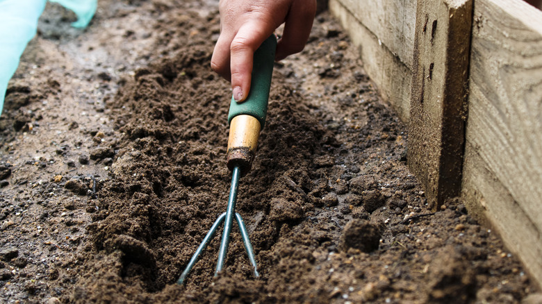 hand using garden fork