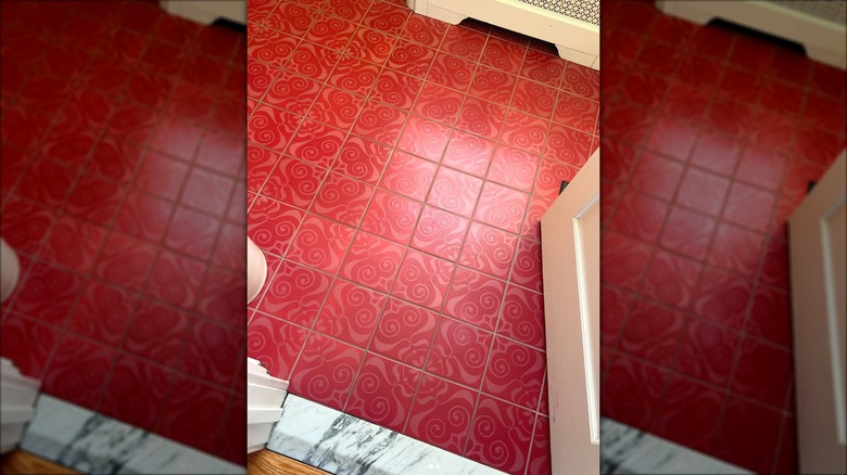 Bathroom with red floor tiles