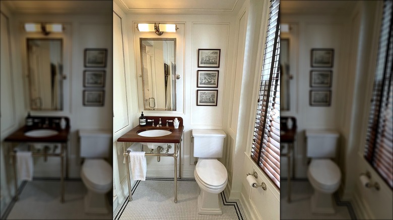 Small bathroom with white mosaic floor tiles