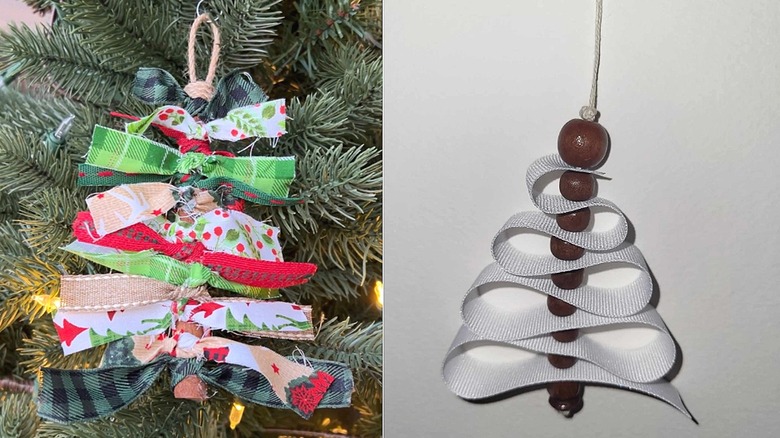 Split image with left featuring a colorful ribbon scraps tree ornament and the right featuring a beaded white ribbon tree ornament