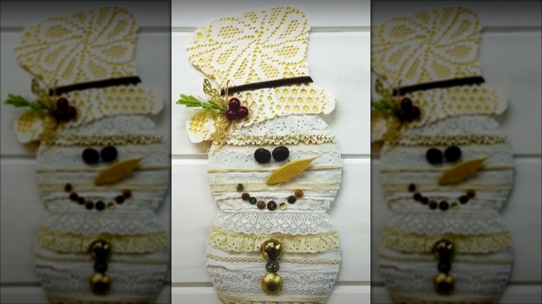 Snowman craft decorated with ribbon scraps