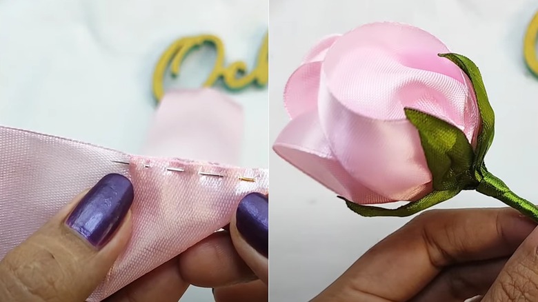 Split images of a person sewing ribbon into a petal on the left, and a scrap ribbon rose on the right