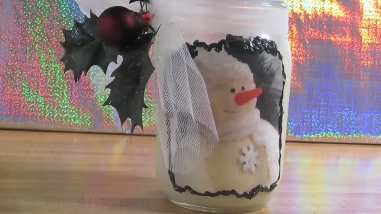 Snowman photo and lace on glass candle