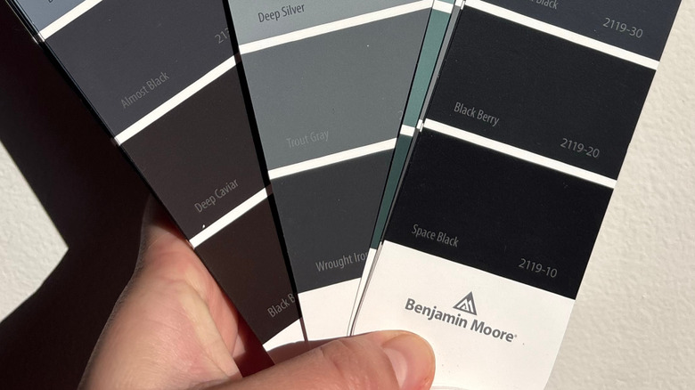 Benjamin More Paint color swatches in various shades of gray and blue-gray