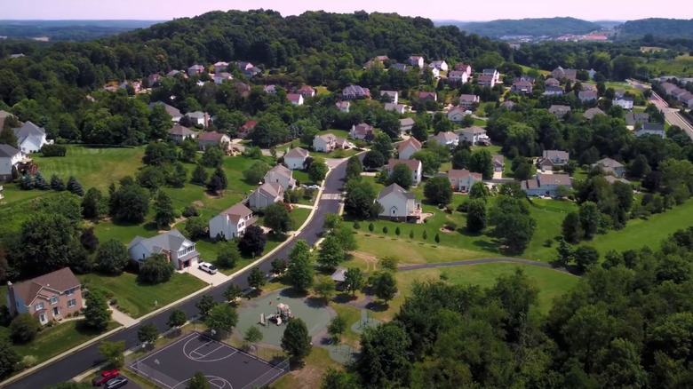 Drone view of Seven Fields homes