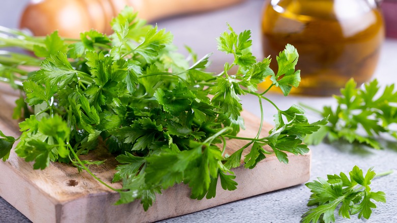 Italian parsley on chopping board