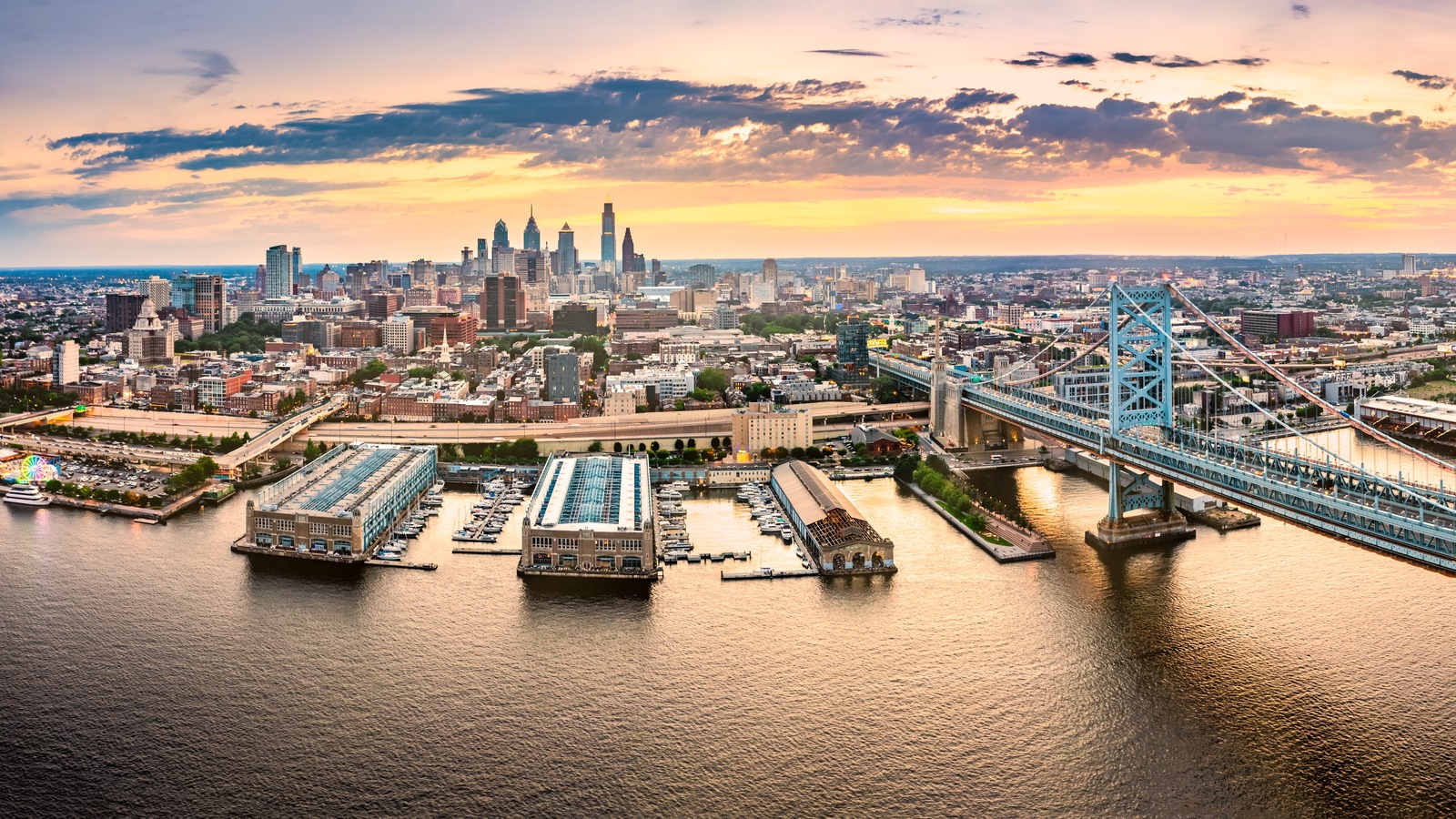 The Philadelphia skyline is viewed during sunset at Citizens Bank