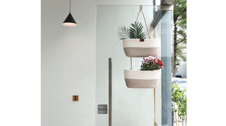 hanging baskets on glass door