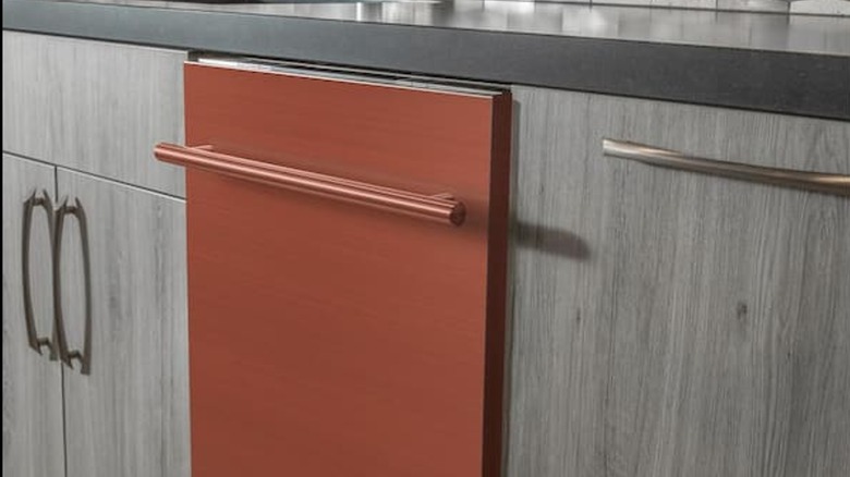 ZLINE copper dishwasher in gray kitchen