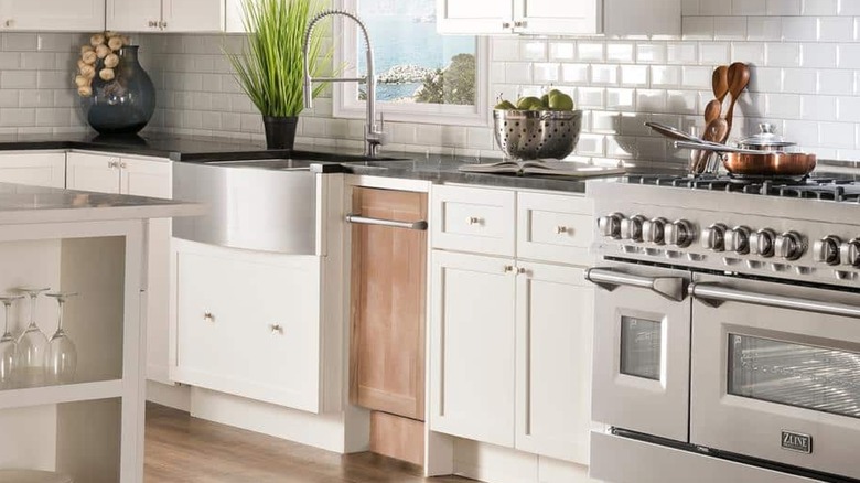 Wood-front dishwasher in modern white kitchen