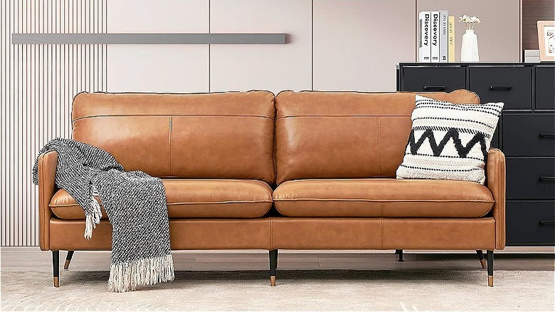 Brown mid-century leather sofa