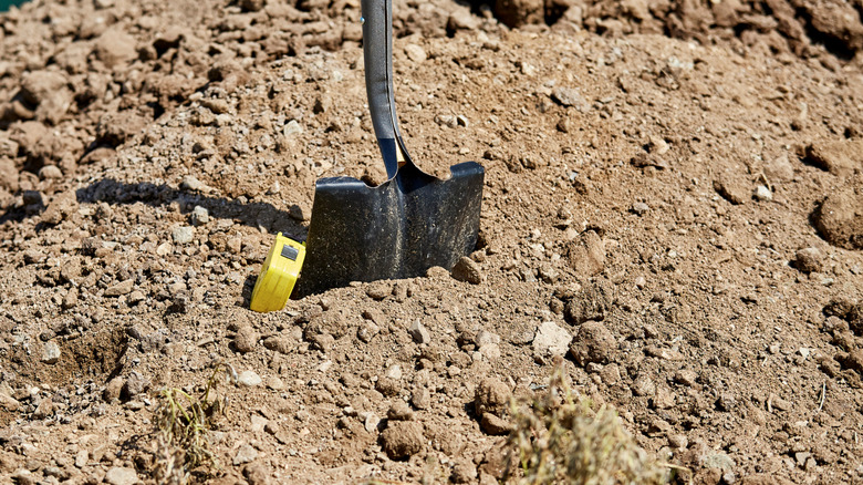 A shovel in a dirt pile