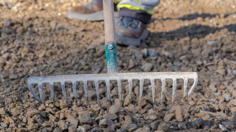 A person raking gravel for a driveway