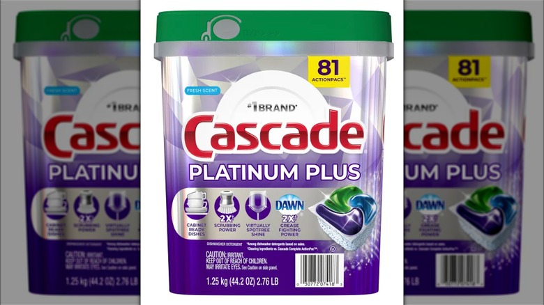 Container of Cascade Platinum Plus dishwasher detergent