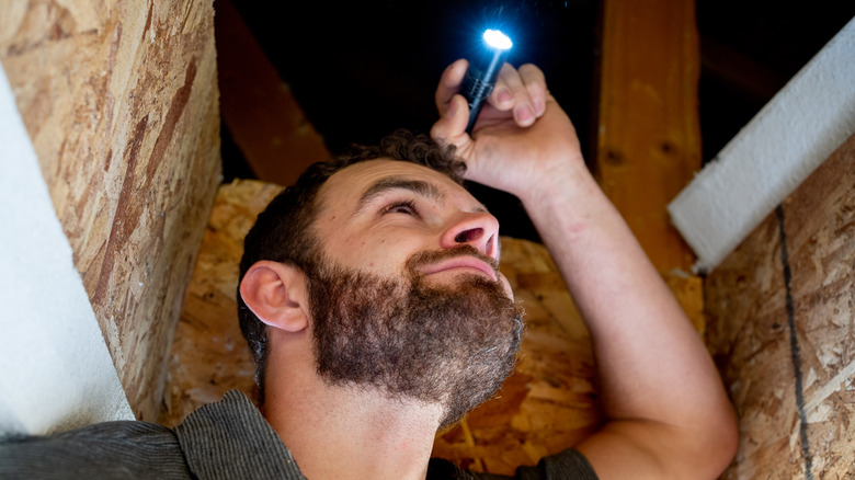 Man looking in attic