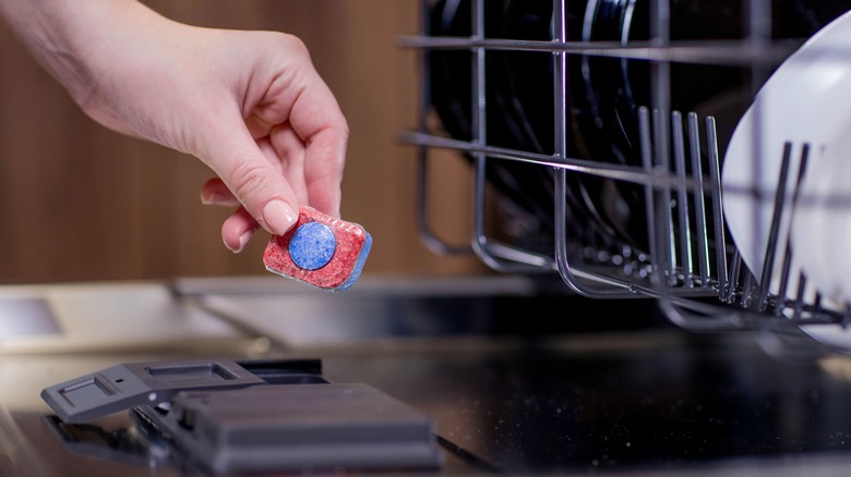 Hand holding dishwasher pod