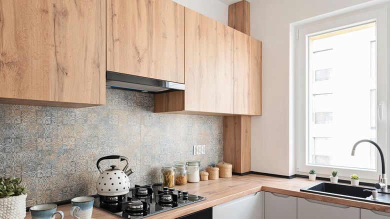 Brown and sleek modern kitchen cabinets near window