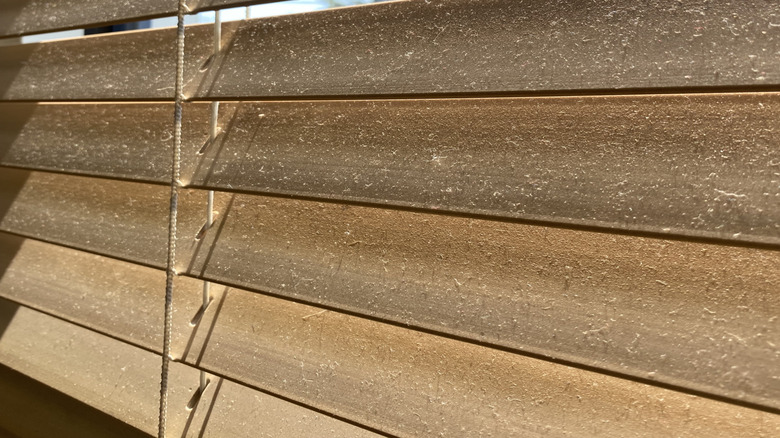 dusty faux wood mini blinds with white tension strings