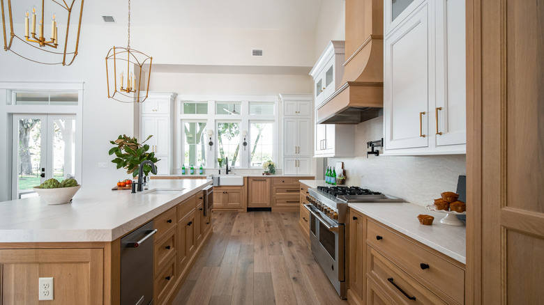 Fully-furnished kitchen with wood cabinet and stainless steel appliances