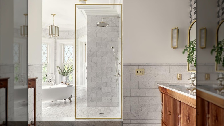 All-white bathroom with chic white tiles