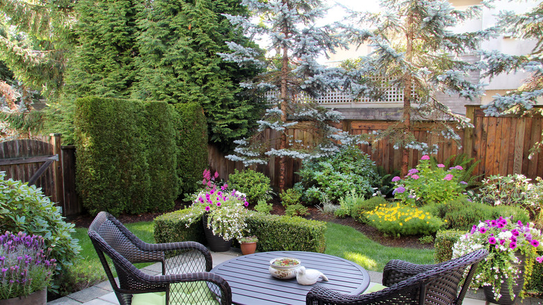 Beautifully landscaped garden with outdoor seating.