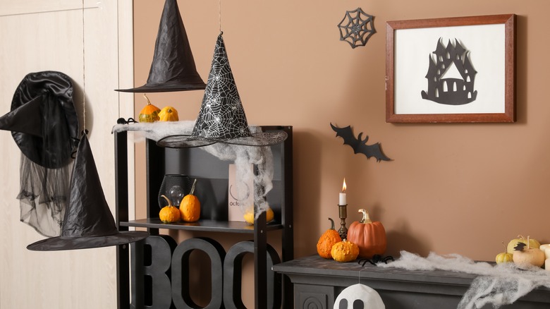 Halloween decor on shelves