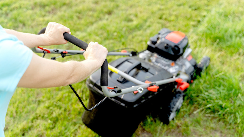 A gardener using a lawn mower to cut the grass