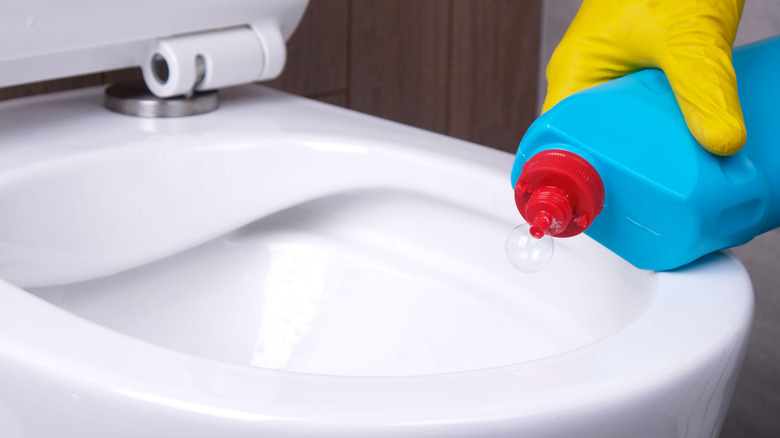 person cleaning rimless toilet bowl