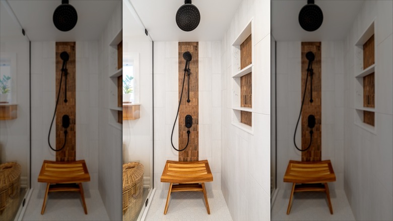 Bathroom with wood shower bench