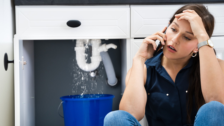 woman and broken pipe