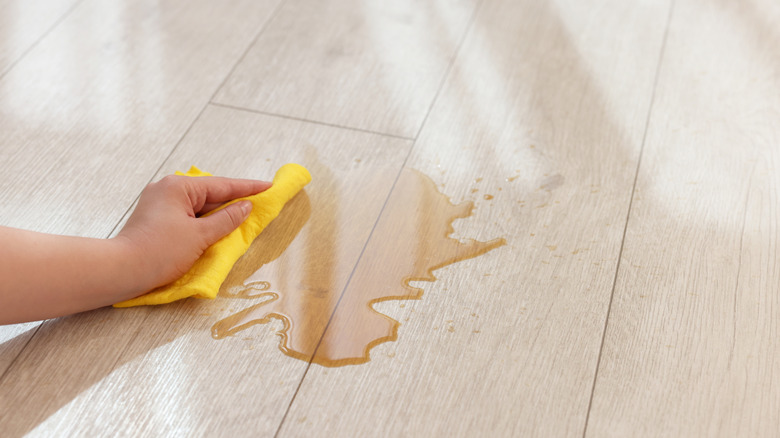 Person cleaning up a water spill on the floor