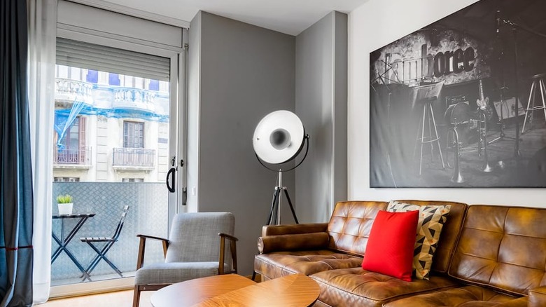 modern living room with brown couch 