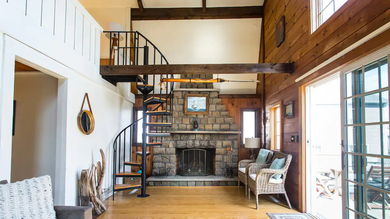 living room with wood paneling