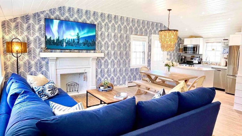 living room with navy blue couch