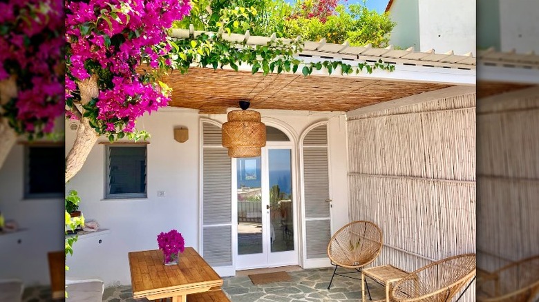 patio with vibrant pink flowers