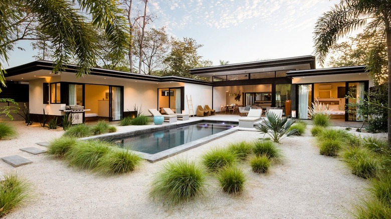 modern home with in ground pool and chic landscaping