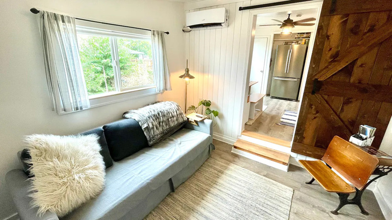 living room with barn door