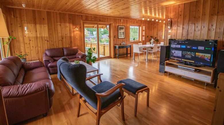 View of the large wooden interior of the cabin