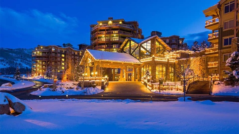 lit up hotel in snow