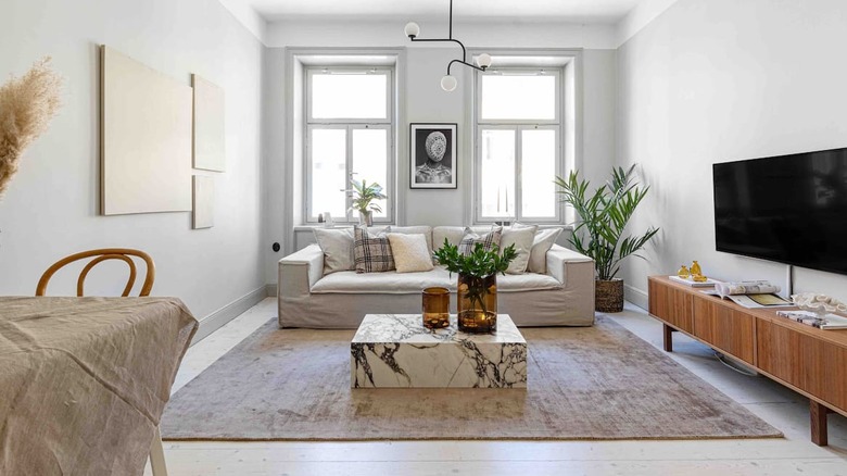 modern living room with couch and marble coffee table