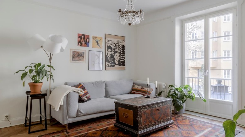 living room with band posters