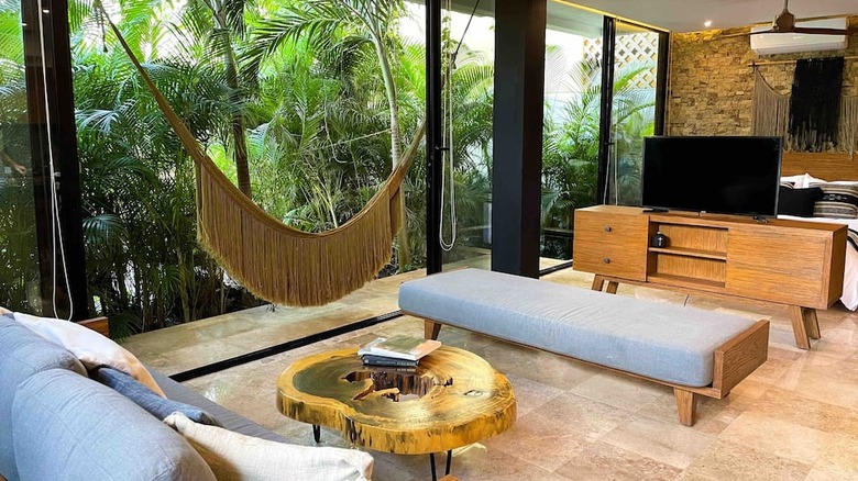 living room with hammock and TV