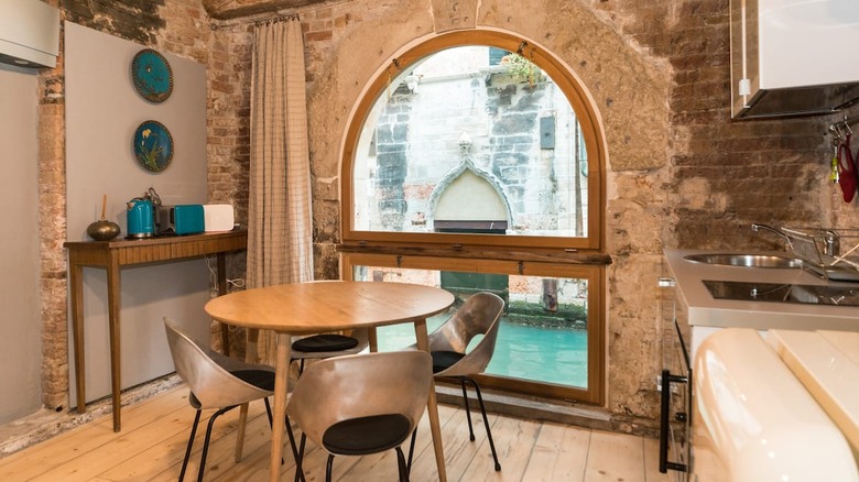 kitchen with window with canal view