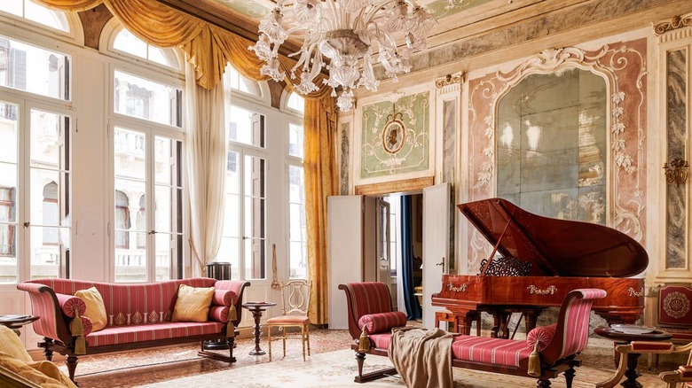 grand living room with chandelier