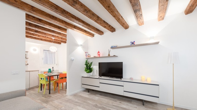 modern living room with exposed beams