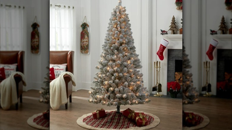 flocked tree in living room