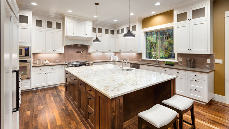 Quartz countertop brown backsplash